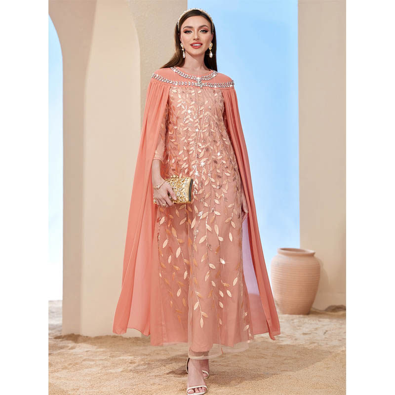 民族风橘粉树叶网纱刺绣时尚披风假两件连衣裙贵妇长裙Dress