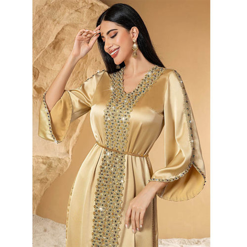 跨境蕾丝手工钉珠大码A字Dress