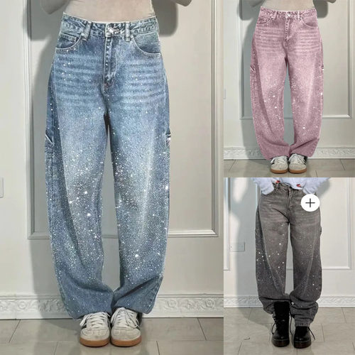 跨境薄长裤烫钻休闲直筒jeans