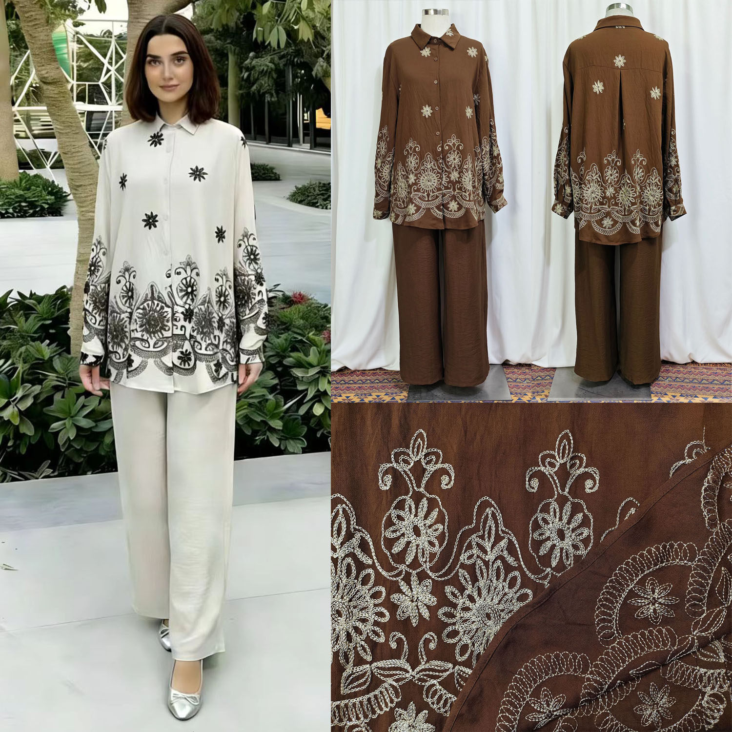 2026跨境中东新款时尚女棉麻中长款刺绣纽扣上衣直筒裤两件套suit,女装/女士精品,时尚套装,淘宝优惠券,粉丝福利购,淘宝优惠卷