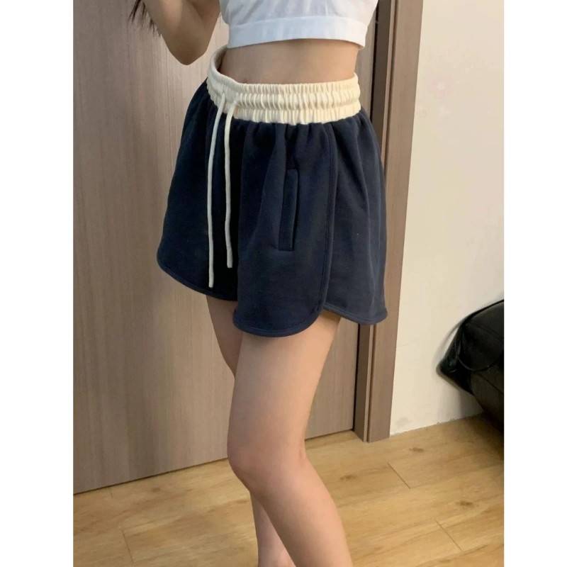 藏蓝色休闲三分运动短裤女夏季高腰显瘦小个子美式休闲居家短裤子