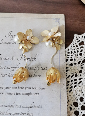 kari show日本杂志插图夸张长款曲线拉丝棉花珠大花朵耳钉耳夹