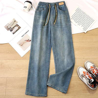 松紧腰直筒牛仔裤女春装2025新款