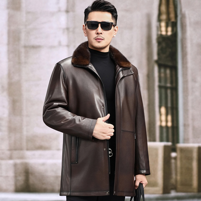 冬季海宁绵羊皮真皮皮衣男中老年爸爸装中长款皮夹克貂皮大衣外套
