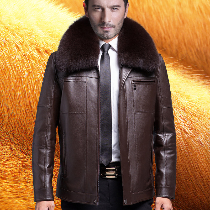 冬季海宁中老年真皮皮衣男爸爸装短款绵羊皮皮夹克貂内胆皮草外套