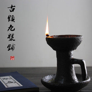 禅意酥油灯 手工复古陶瓷烛台茶道摆件 做旧烛台中式仿古典煤油灯