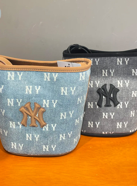 MLB专柜男女情侣可调节小号休闲百搭牛仔老花单肩斜挎水桶包BMMV5