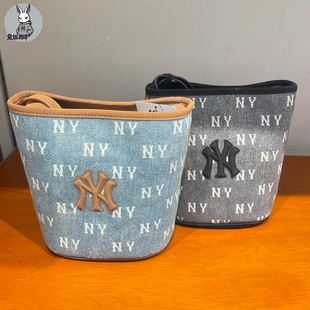 MLB专柜男女情侣可调节小号休闲百搭牛仔老花单肩斜挎水桶包BMMV5