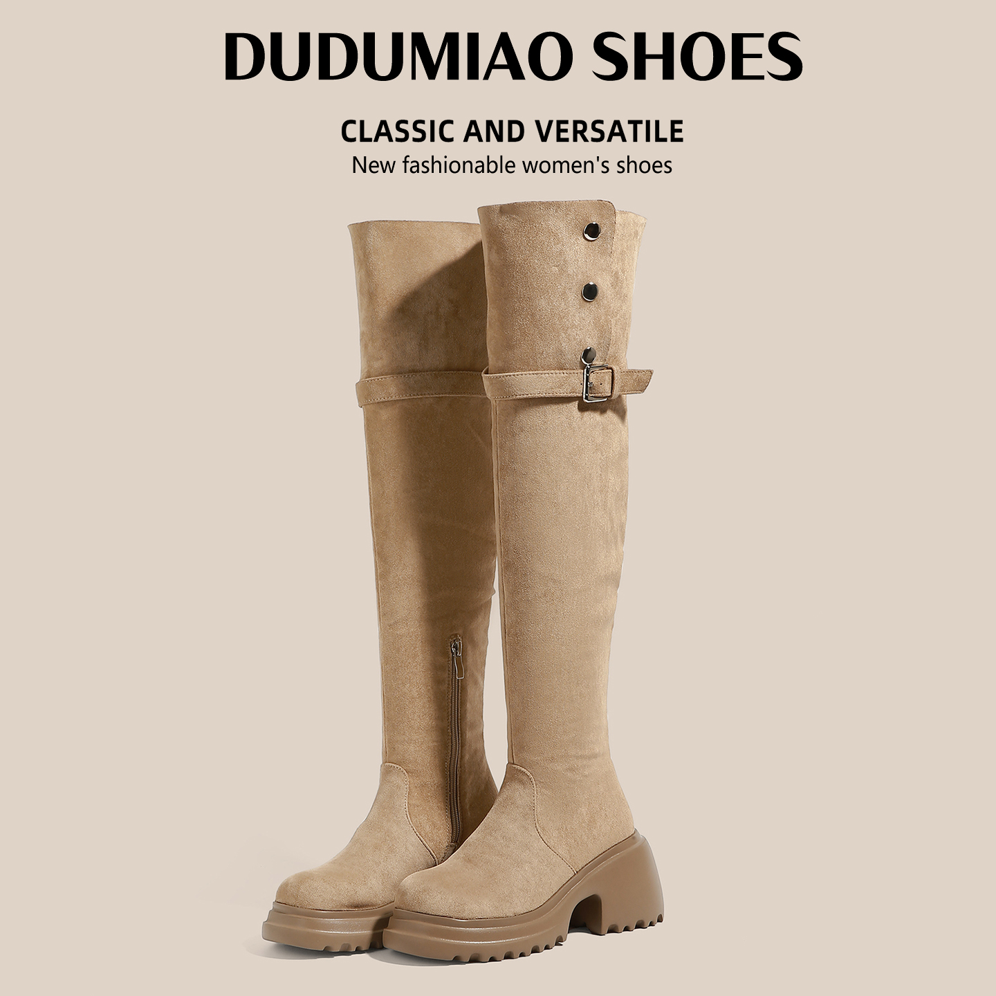 过膝弹力靴女加绒长筒靴厚底大筒围高筒靴胖mm粗腿长靴高筒靴粗跟