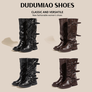 嘟嘟喵褶皱扣带机车靴裤 衣橱 管靴长靴女加宽长筒靴 所有女生