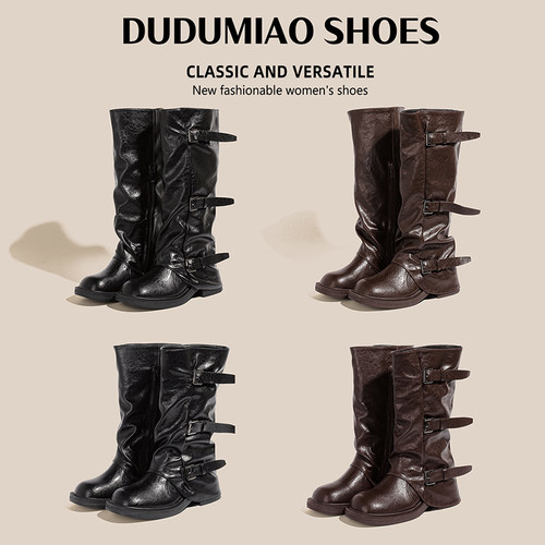 嘟嘟喵褶皱裤管靴长靴女加宽机车靴中筒靴长筒靴长靴42大码41-43