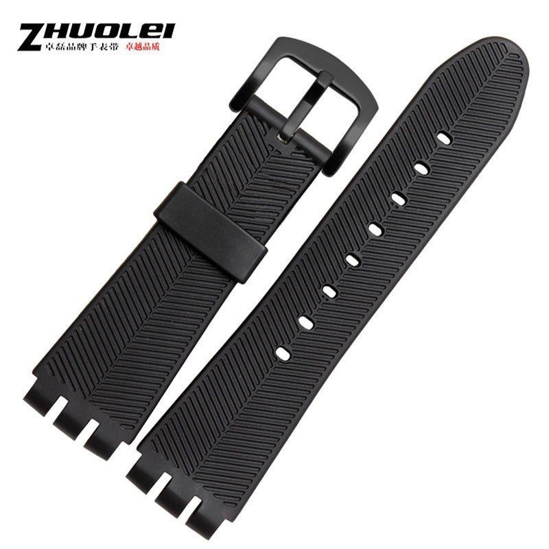 手表配件  硅胶橡胶表带适配斯沃琪表防汗23MM黑色棕色真皮IRONY