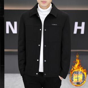 新品冬季加绒加厚毛呢大衣男士翻领拉链行政夹克时尚保暖纯色外套