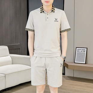 男士高端POLO衫短袖短裤套装夏季新款薄款冰丝休闲时尚痞帅两件套