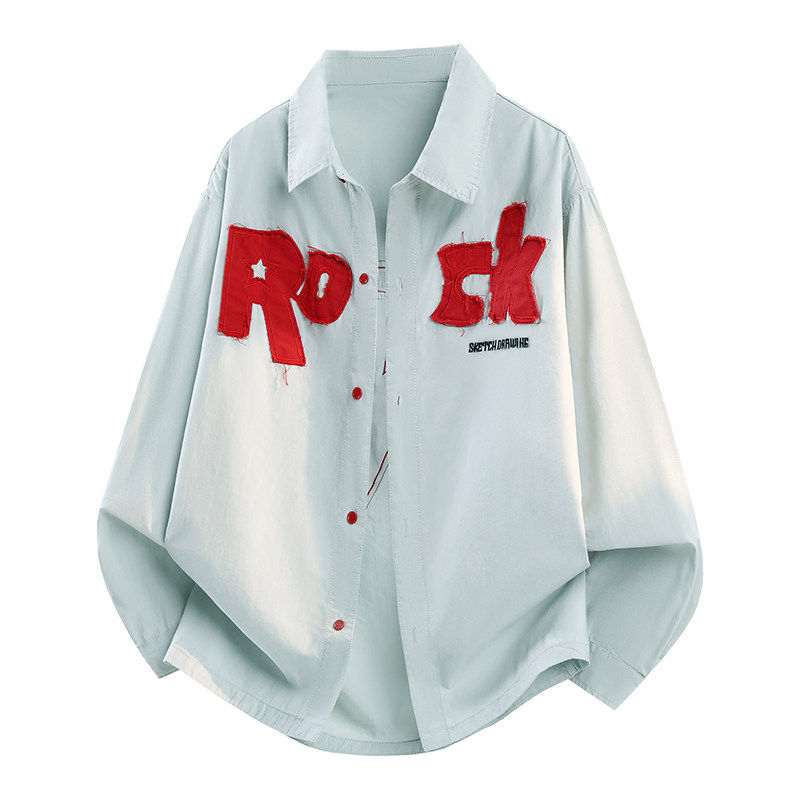 刺绣长袖衬衫男春秋款青少年美式潮牌衬衣初中高中学生防晒衣外套