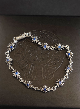 CH克罗伈925纯银十字花蓝钻手链欧美朋克嘻哈做旧男女明星款手环