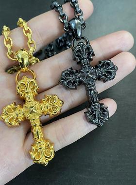 克罗伈金色复古泰银做旧火焰黑色吊坠竹节链欧美朋克男女情侣项链