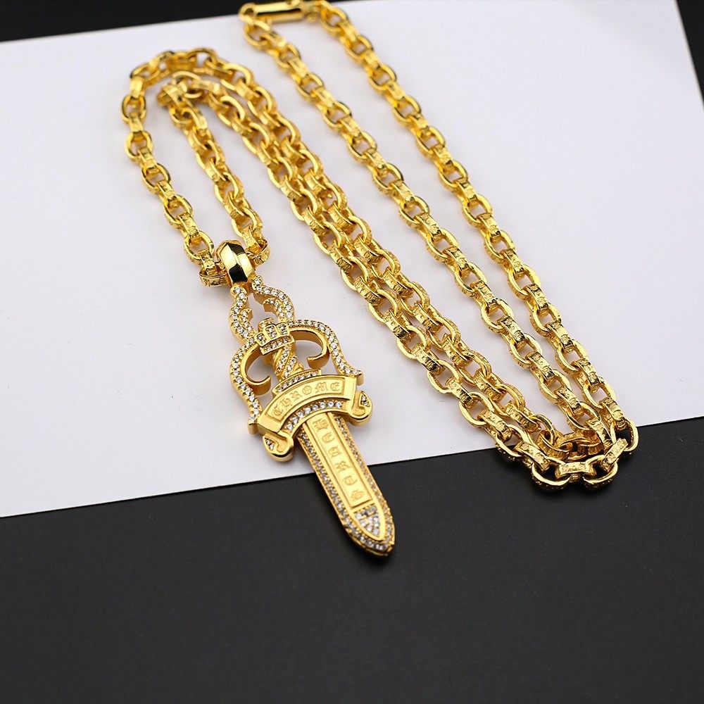 CH克罗伈24k金色镶钻圣剑吊坠项链时尚个性男女金色字母满钻项链