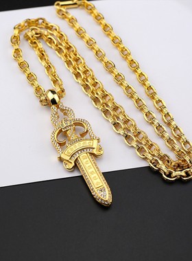 CH克罗伈24k金色镶钻圣剑吊坠项链时尚个性男女金色字母满钻项链