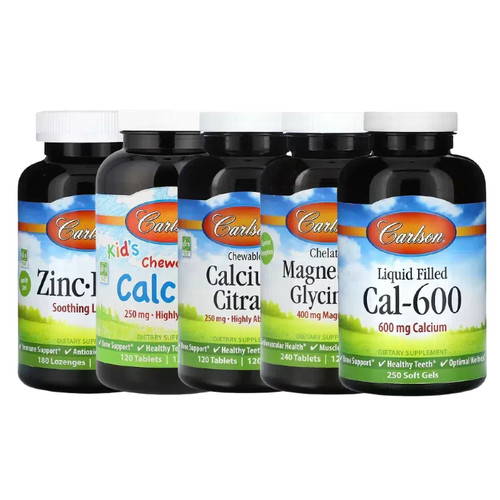 Carlson儿童咀嚼螯合液体钙Cal-600甘氨酸镁铁锌片维生素D3凝胶囊