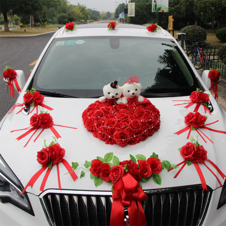 婚车装饰品全套装副车头花新娘结婚礼布置创意红色仿真迎亲花车队