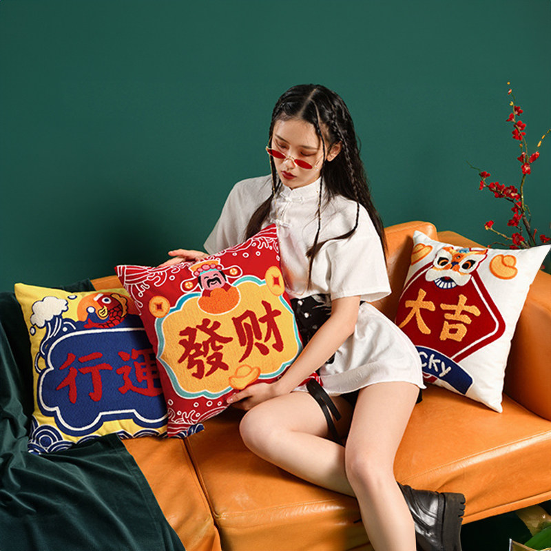 红色金色发财贺岁奢华中国风国潮抱枕套ins网红新年沙发靠枕靠背