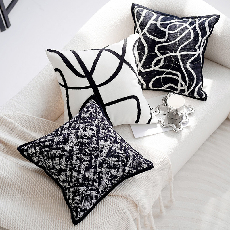 黑白法式轻奢编织沙发靠垫抱枕