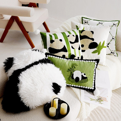 可爱熊猫儿童抱枕套ins风民宿绿