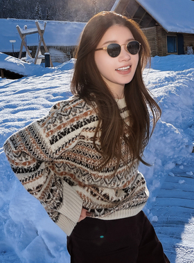 CHU楚妞[踏雪]羊绒羊毛提花珠片针织衫2025秋冬季新款女毛衣上衣