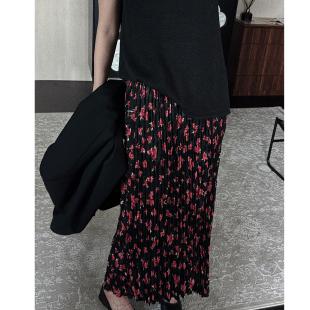 新款 CHU楚妞 A字半裙夏季 碎花印花中长款 女显瘦裙子 赛玫瑰