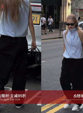 CHU楚妞【标杆】四角标黑色手工缝线工装裤宽松显瘦休闲阔腿长裤