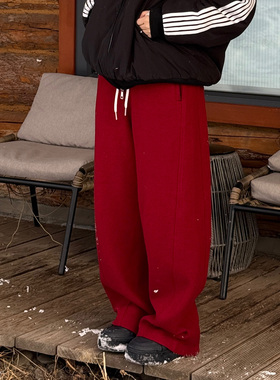 CHU楚妞[多巴]羊毛精纺抽绳休闲长裤2025冬季新款女阔腿裤裤子