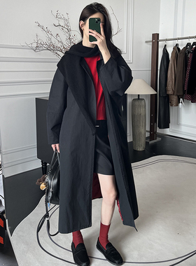 CHU楚妞[初雪]羽绒翻领双排扣风衣春季新款女英伦复古外套