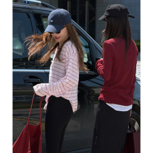 新款 CHU楚妞 T恤2026春季 220G精纺羊毛条纹落肩长袖 女上衣 樱条