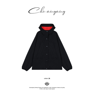 CHU楚妞[曼乐]三防撞色连帽短款风衣2025秋冬季新款女夹克外套