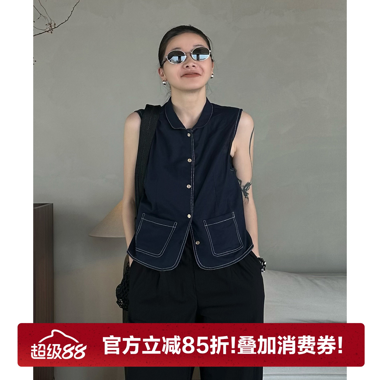 CHU楚妞[星蓝]棉麻混纺明线单排扣马甲2025春夏季新款女背心上衣
