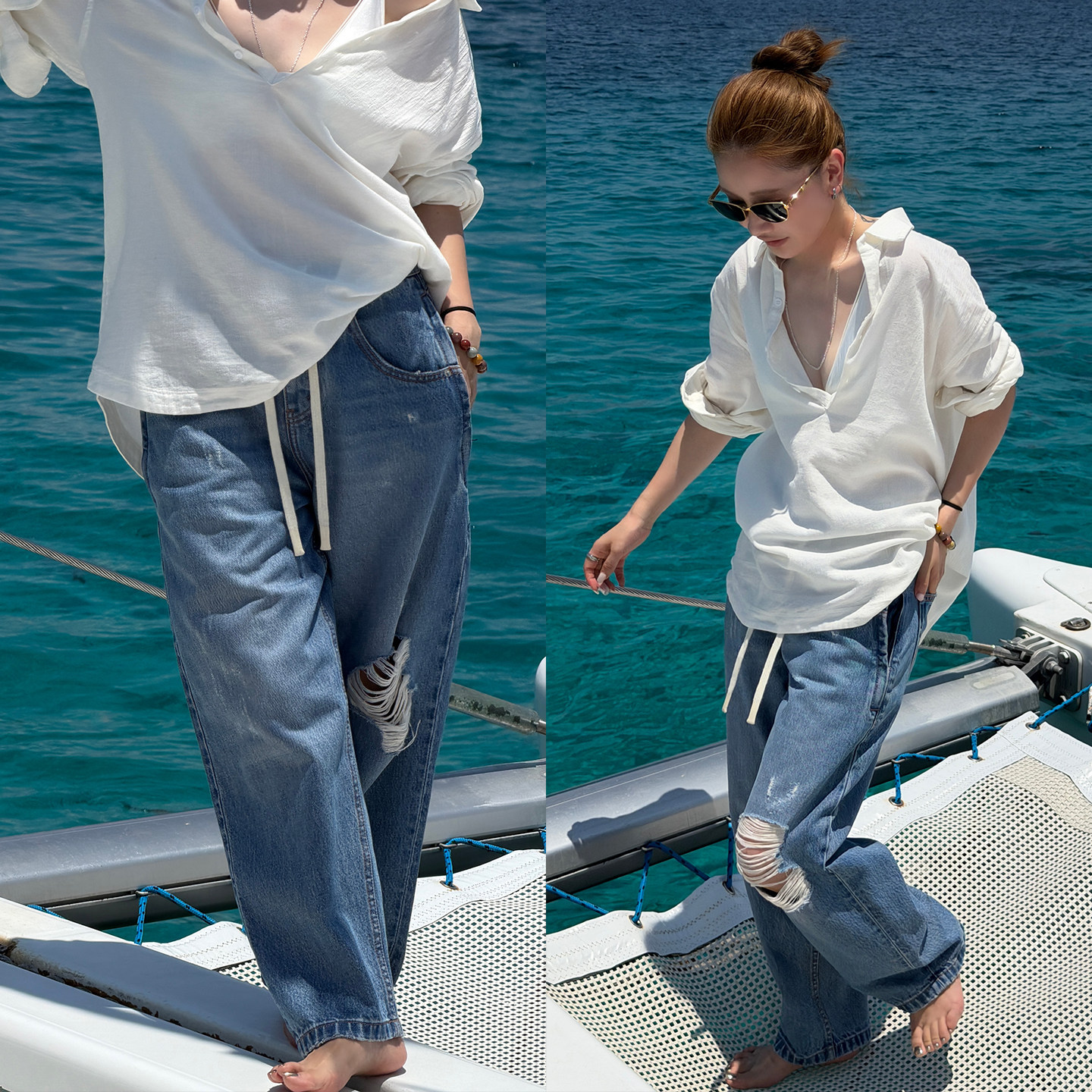 CHU楚妞[新疆牛仔]破洞抽绳牛仔休闲长裤2026春夏季新款女裤子