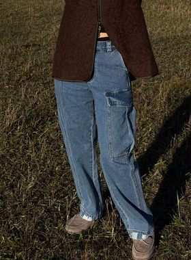 CHU楚妞[兜兜]纯棉洗水做旧口袋休闲长裤2026春季新款女牛仔裤子