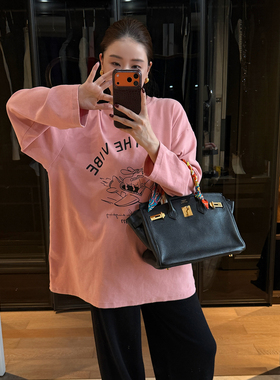 CHU楚妞[粉趣]280G重磅纯棉粉色印花动漫T恤2026春季新款女上衣