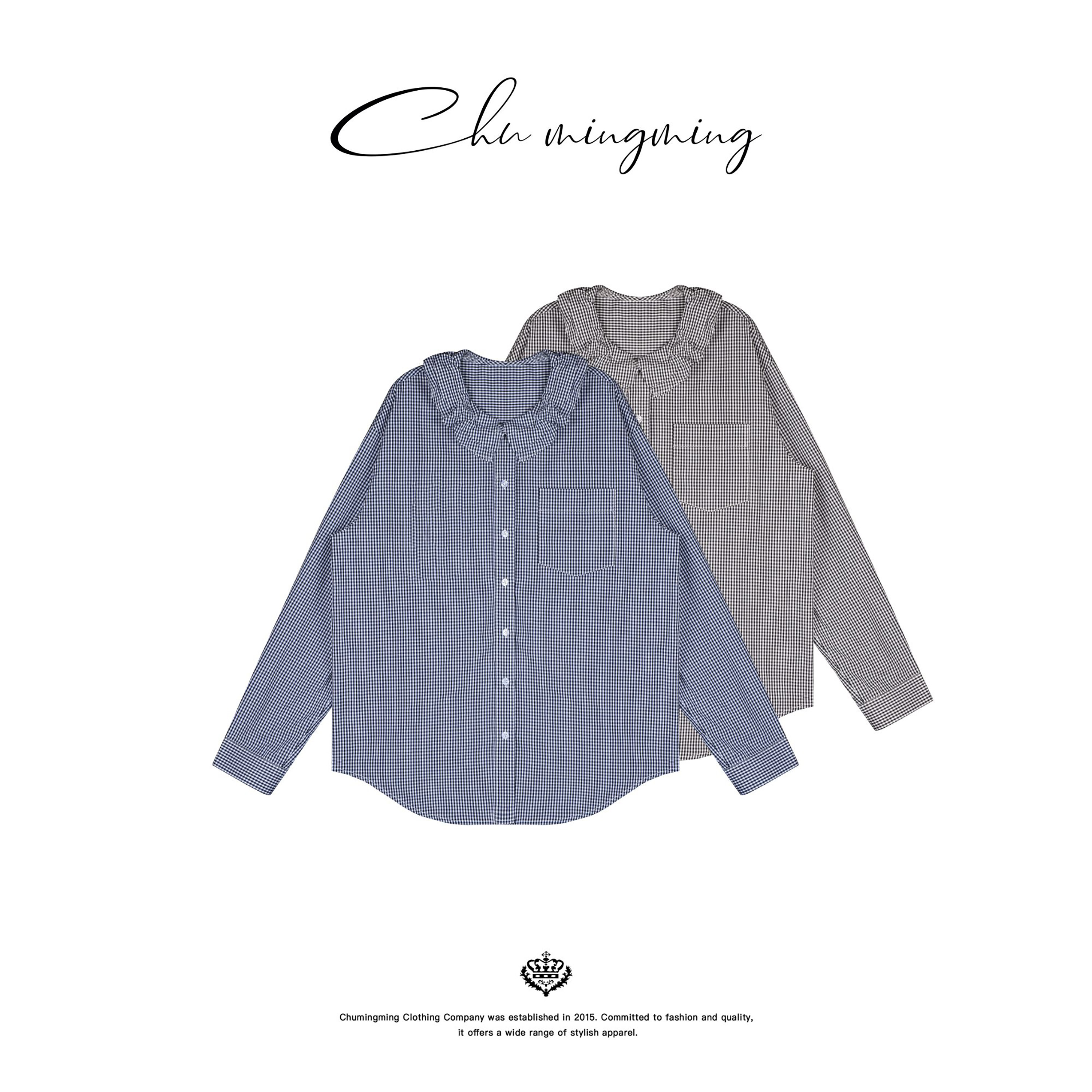 CHU楚妞纯棉细格纹堆叠领子衬衫2026夏季新款女小众设计衬衣上衣