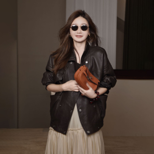 新款 进口泡泡羊皮皮衣外套2025秋季 女复古机车夹克 冷棕 CHU楚妞