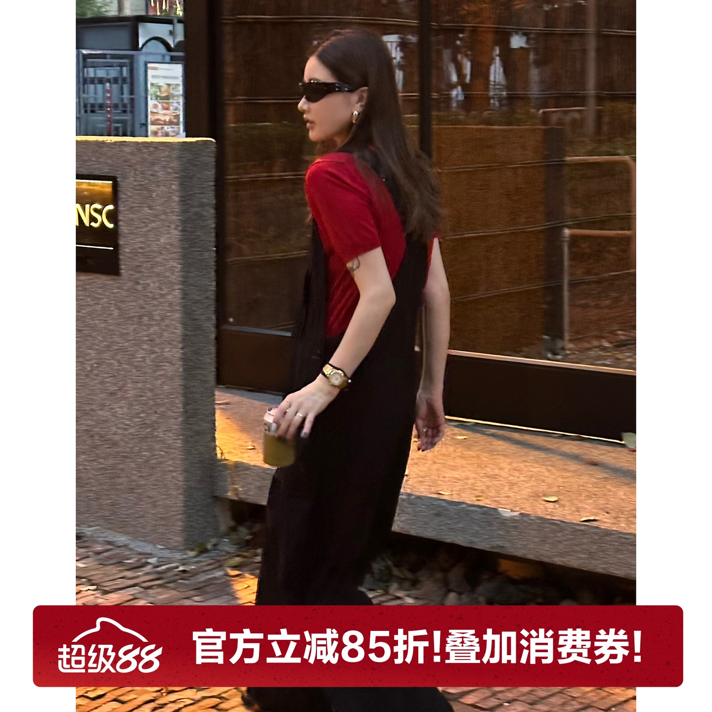 CHU楚妞[卓别]黑色薄款连体裤2025夏季新款女百搭宽松工装背带裤