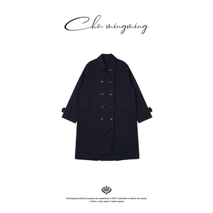 新款 CHU楚妞 女日系古着外套 风衣2026春季 中长款 工蓝 精梳棉阔版