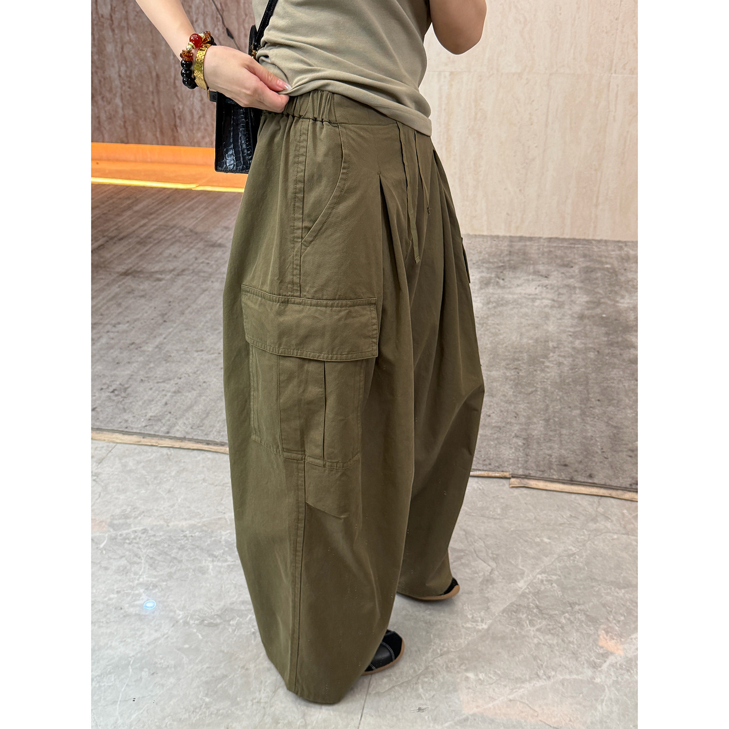 CHU楚妞[野途]纯棉松紧腰休闲长裤2026春季新款女阔腿工装裤裤子