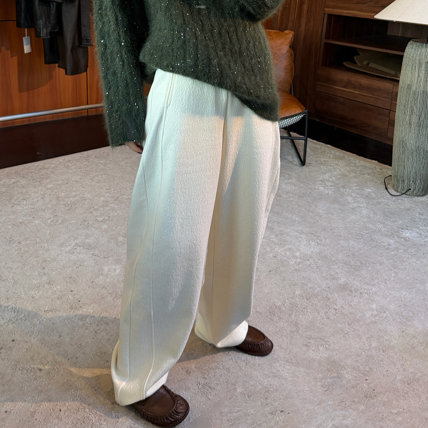 桑蚕丝羊毛休闲弯刀长裤裤子