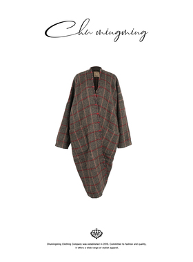 CHU楚妞[荒格]羊毛驼毛格纹磨毛毛呢大衣2025秋季新款女英伦外套