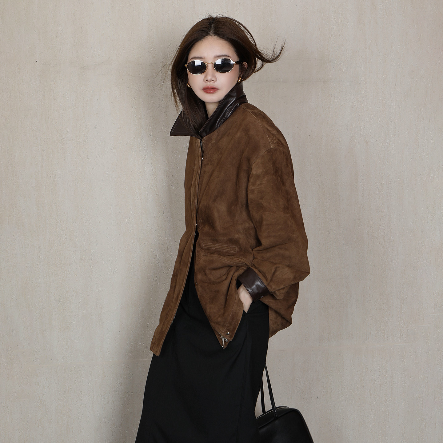 CHU楚妞[棕格]英伦反绒皮草2026春季新款女轻奢复古老钱风短外套