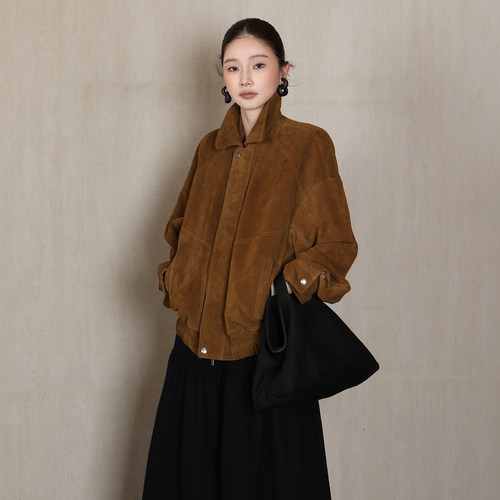 CHU楚妞[圣伦]反绒皮夹克2025新款复古英伦风短款风衣外套小个子