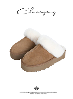 CHU楚妞牛皮羊毛一体中筒雪地拖鞋2025冬季新款女保暖防滑半拖