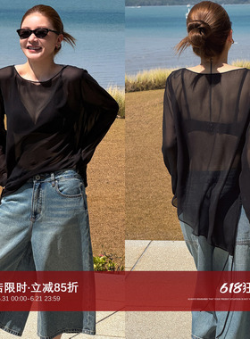 CHU楚妞[幽纱]真丝网纱系带抽褶罩衫2026春夏季新款女防晒上衣
